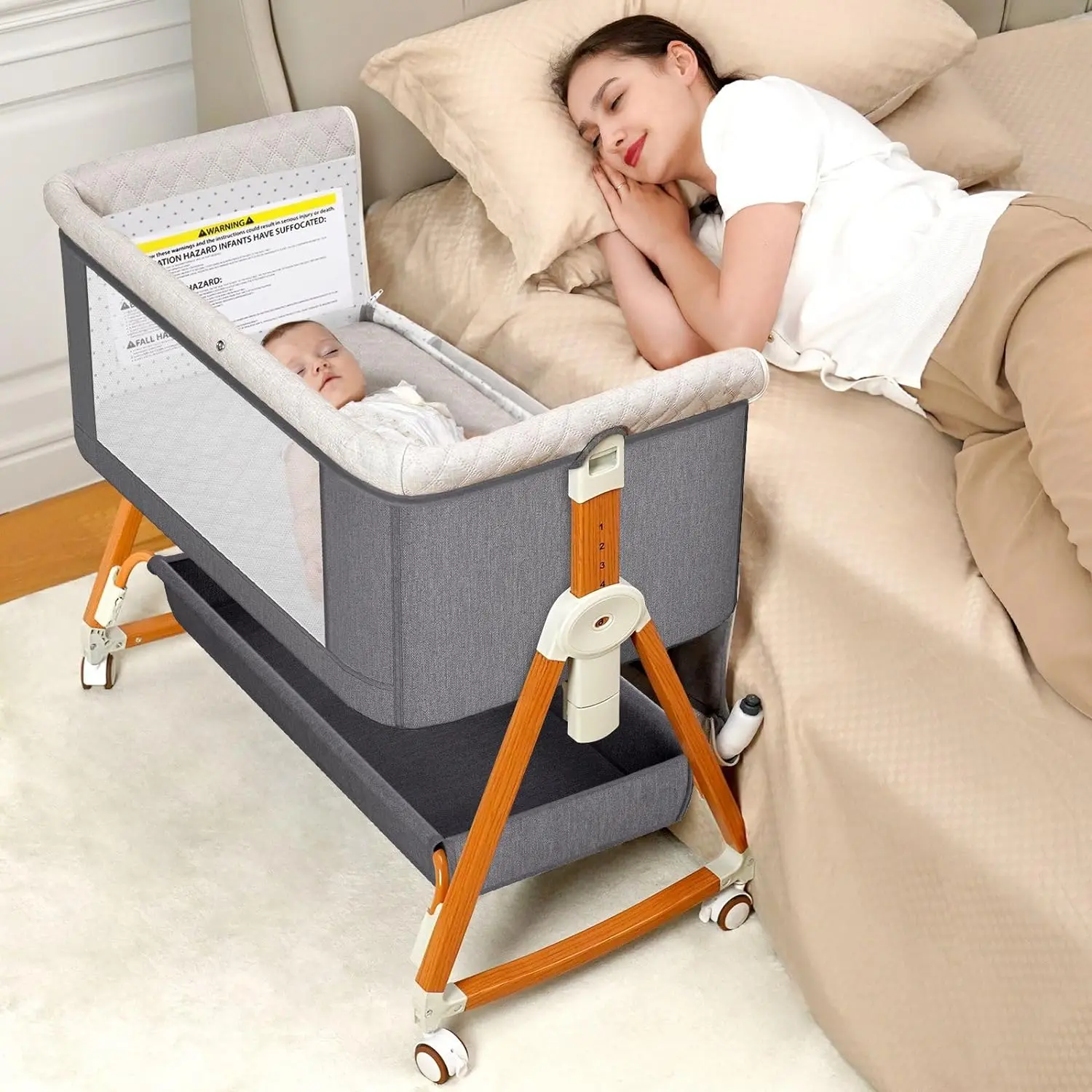 Baby Bassinet Sleeper Bedside Crib Sleeper for Newborns, 6-Height Adjustable Crib for Newborns with Steel Frame, Easy-Fold Swing Cradle Baby Bed, Ventilated Mesh Net & Wheels, Bedside Bassinet, Newborn Bassinet,backtoschool