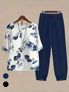 Fashion Round Neck Short Sleeve Floral Top and Patchwork Print Pants Set, Casual Matching Sets Loose Two-Piece Outfit for Outdoor Indoor Commuting Women lady Womenswear