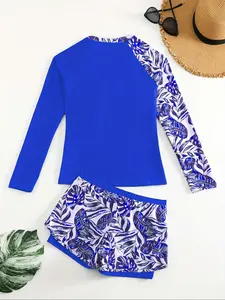 Women's Sporty Patchwork Print Swimsuit Set, Two-Piece Swimwear for Women, Stylish & Comfortable Bathing Suit for Beach & Pool, Rash Guard Swimsuits