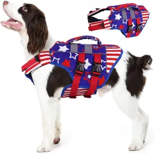 XL Dog Life Jacket, Large High Flotation Dog Life Vest for Swimming Boating, Reflective Dog Swimming Vest Pet Life Preserver with Rescue Handle, Flag XL