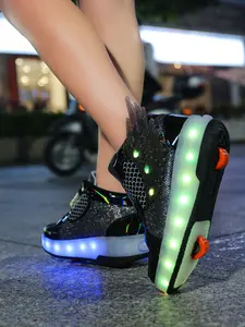 Spring Summer Roller Skates, Rechargeable LED Lights, Angel Wings Design, Adjustable Velcro, Detachable Wheels, Versatile Board Shoes, Shoes With Wheels