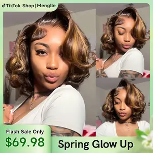 Menglle Side Part Honey Blonde Highlight 7x6 Pre Cut Lace Bouncy Body Wave Bob Wig Human Hair Wigs Natural And Voluminous#greenish#TikTokShopSpringGlowUp