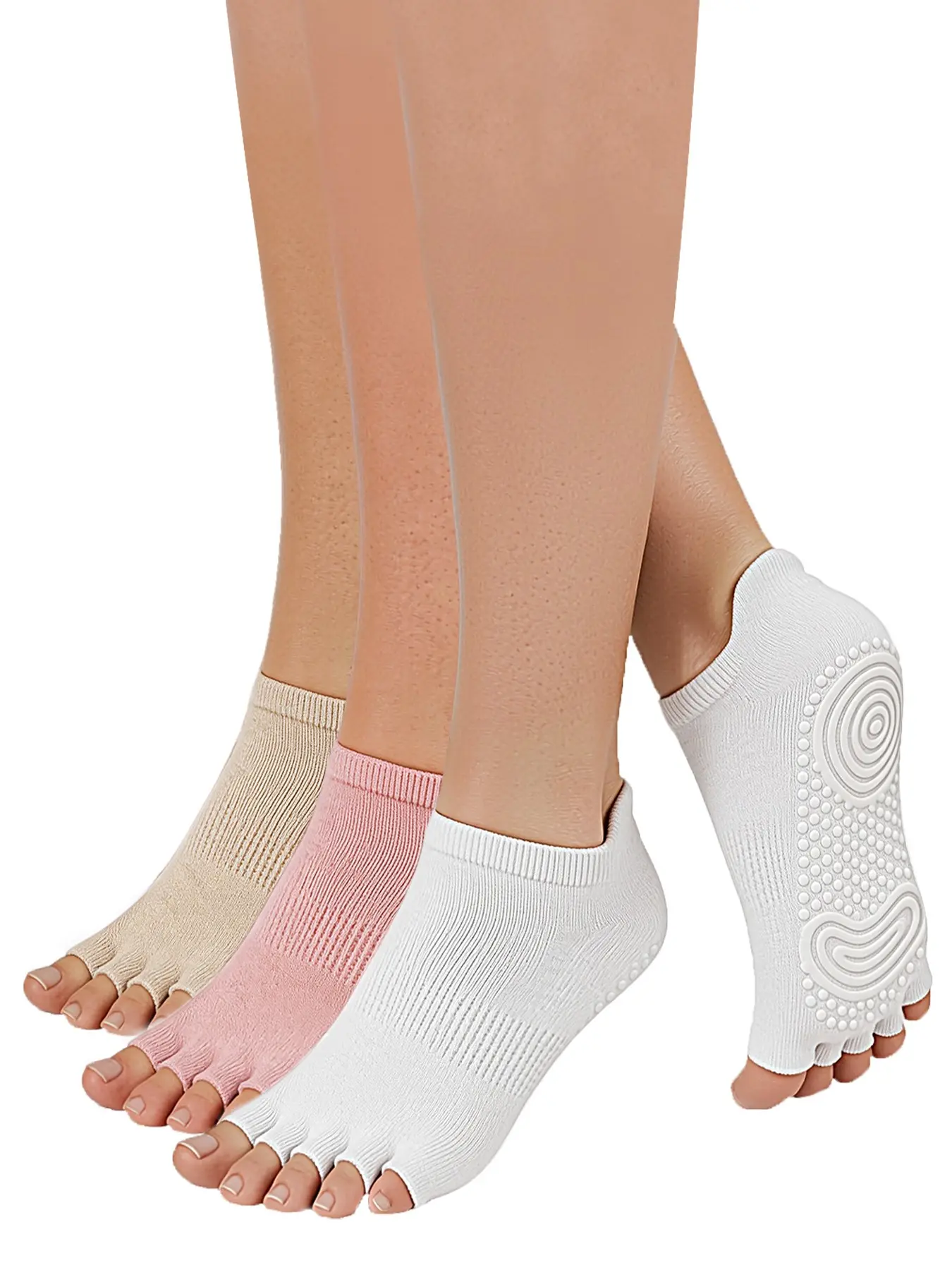 3 Pairs Women's Toeless Pilates Socks, Non-Slip Five Toe Yoga Socks with Silicone Grips, Half Toe Grip Socks for Superior Balance & Barre, Polyester Athletic Socks, Training Socks, Active Socks, All Season Socks