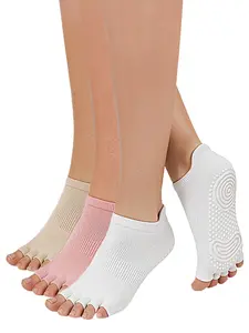 3 Pairs Women's Toeless Pilates Socks, Non-Slip Five Toe Yoga Socks with Silicone Grips, Half Toe Grip Socks for Superior Balance & Barre, Athletic Socks, Training Socks
