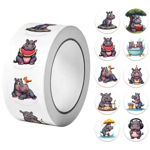 1Roll(500Pcs)Round Cartoon Happy Hippos Stickers 2.5cm/1'' Funny Stickers Party Favors Craft Decoration Sealing Gift Scrapbooking Labels, Versatility Perfect for Various Festivals Party Packaging Supplies