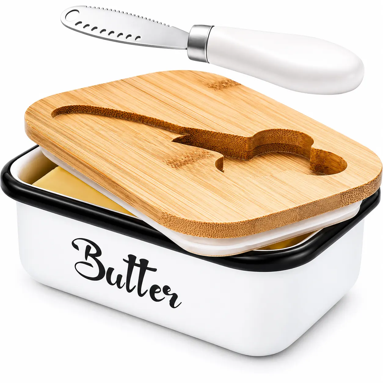 Butter Dish with Lid for Countertop - Metal Butter Keeper with Stainless Steel Butter Knife and Double Silicone Seal