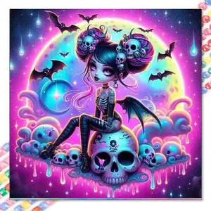 5D DIY Full Drill Round Diamond Painting - Diamond Art Kit Skull Girl Mosaic, Canvas - DIY Decorative Painting, Home Wall Decor, Suitable for Halloween, Christmas, Birthday, and Anniversary Gifts