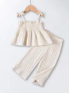 Girls Summer Bow Tie Back Top & Wide Leg Pants Set, Casual Sleeveless Fitted Two-Piece, Cute Plain Design, Cute Clothing Set