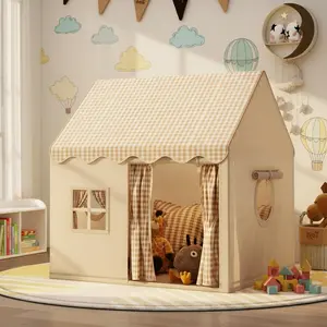 Pretend Play Castle, Kids' Play Tent Playhouse, Indoor, Outdoor Playhouse, Pink/Yellow, With Windows/Curtains/Door Curtain & Storage Bag, Kids' Secret Base & Sleep Tent, Holiday Gift for Birthday/Christmas, No Accessories or Lights