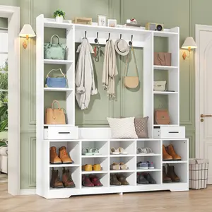 61.6" H White Hall Tree with Bench and Shoe Storage, 6-in-1 Multi-Functional Entryway Bench with 2 Drawers, 5 Coat Racks, Shoe Rack with 13 Shoe Cubbies, Entryway Storage Organizer