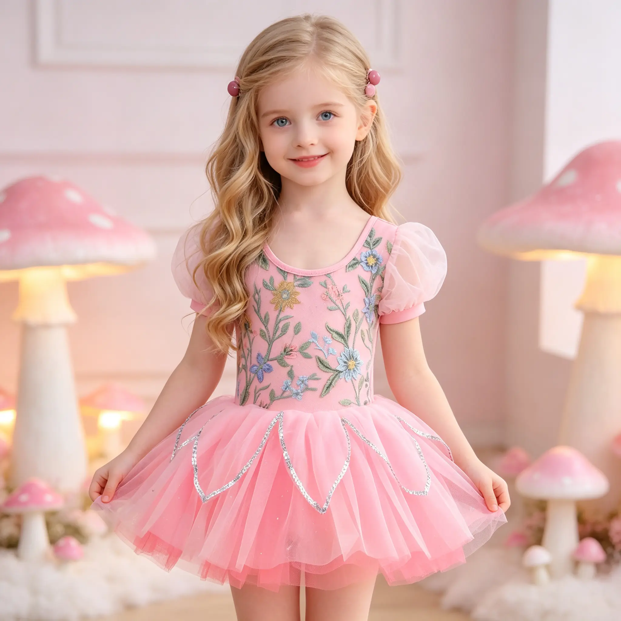 Girls Puff Sleeve Floral Embroidery Ballet Leotard Tutu Dress, Pink Silver Trim Fairy Ballerina Outfit for Dance Class & Garden Party Dress Up
