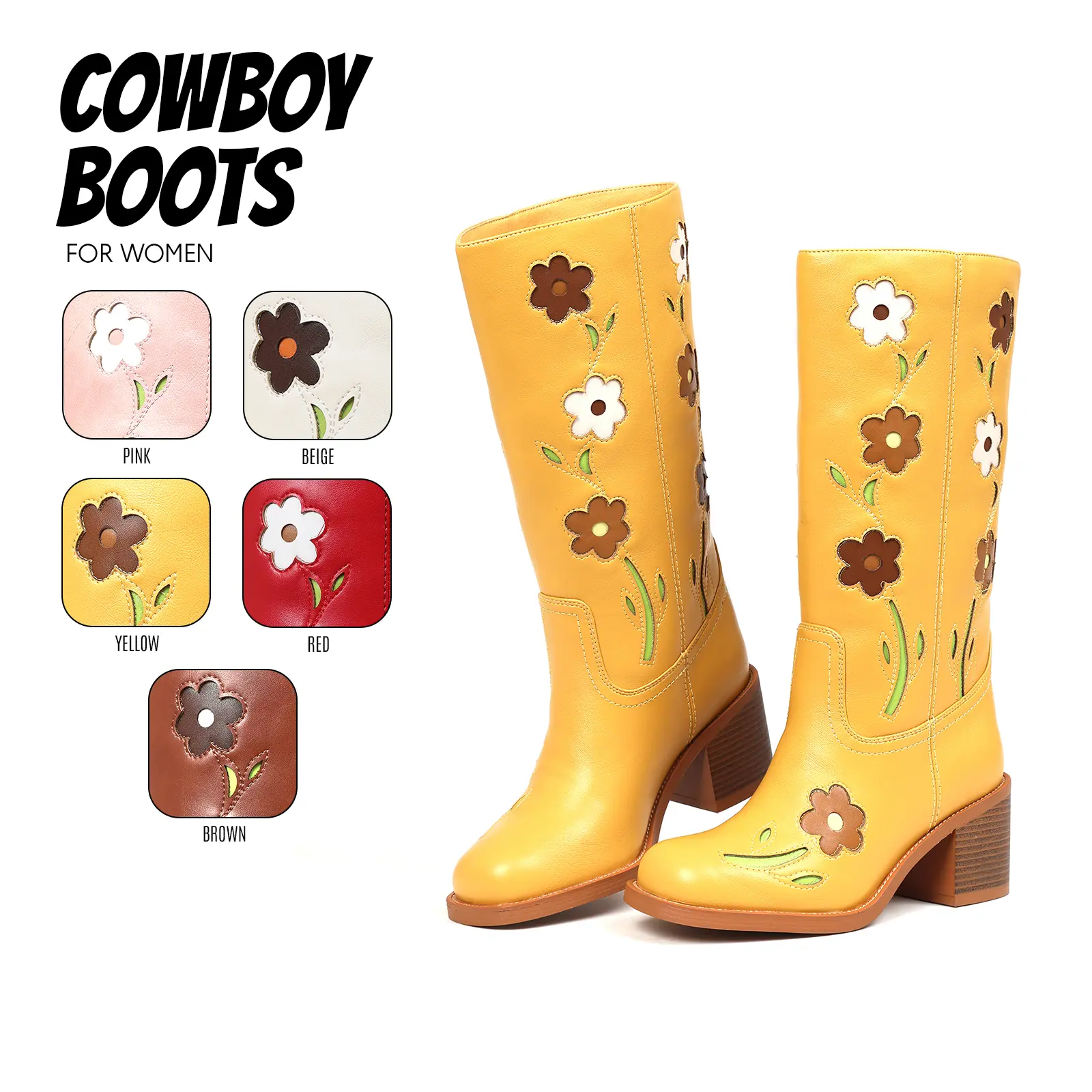 Cowboy Boots For Women Floral Mid Calf Western Boot Round Toe Chunky Block Heel Floral Embroidery Pull On Cowgirl Boots Boho Festival Country Wedding Party Casual Retro Classic Fashionable Cute Girl Boots