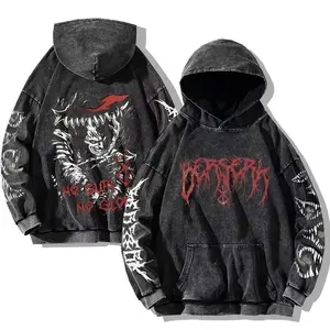 Mens Berserk Hoodies Gothic Print Vintage Washed Hoodie Hip Hop Streetwear Cotton Sweatshirts Y2k Oversized Hoodie