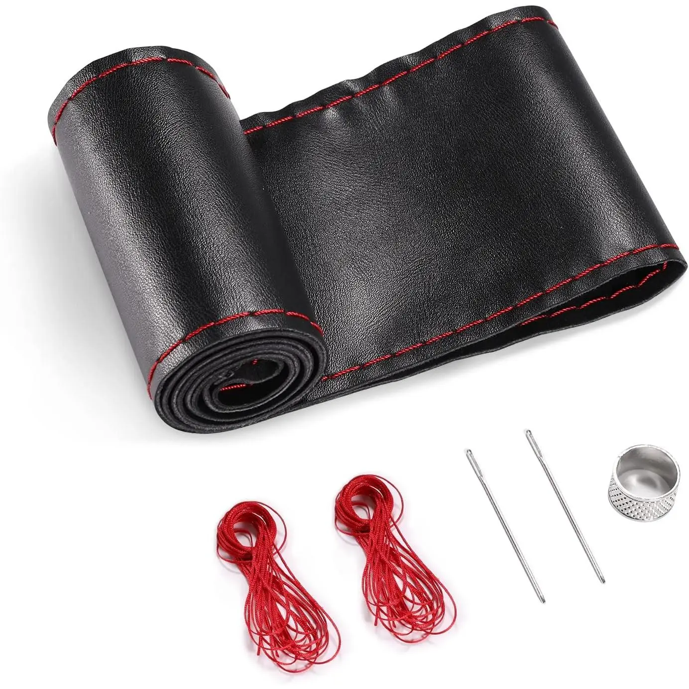 15-Inch Synthetic Stitch-On Steering Wheel Cover, DIY Sewing Wrap with Pre-Stitching Design & Red Thread, Handcrafted Snug-Fit Durable Car Interior Accessory for SUV/Pickup to Upgrade Worn and Torn Wheel