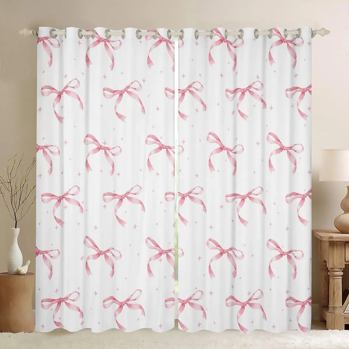 Kawaii Pink Bows Curtains Pink and White Bow Darkening Blackout Curtains Princess Bow Knot Bedroom Nursery Decor Cutey Bowknot Window Treatments 2 Panels