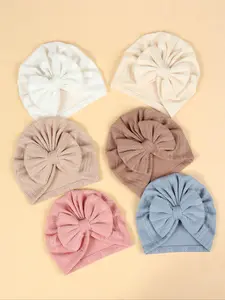 Baby's Plain Textured Bow Decor Turban Hat, Cute Casual Hat for Newborn Infant Babies, Soft Comfortable Hat for Daily Wear