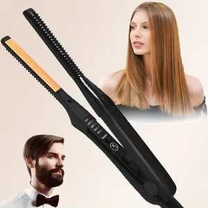 Ultra-thin 2-in-1 Hair Straightener Curler Mini Curling & Straightening Wet Dry Iron Portable for Short Hair Beards Dual Function Compact Design
