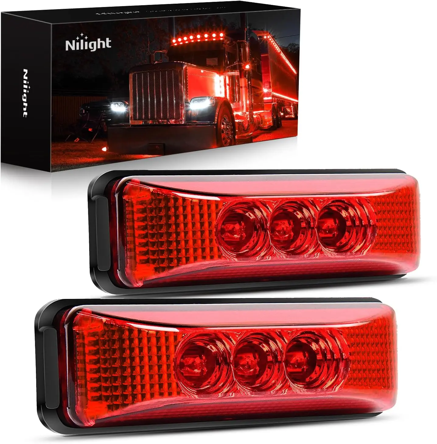 Nilight 2PCS 3.9in 3-LED Pure Red Sturdy Side Marker Lights - Waterproof, Weather Resistant, Sealed Surface-Mounted Vehicle Accessories with Screw, Reflective Semi Truck Front Rear Clearance Indicators, Black Ground Wire