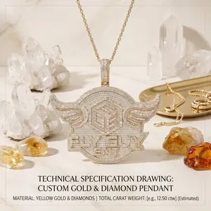 Custom Text Winged Medallion Pendant, Yellow Gold Plated Iced Out Design, Baguette CZ Hip Hop Jewelry with 4mm Rope Chain for Men