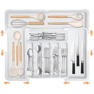 【SUHOPE】【Holiday Deal】Organizer Expandable Kitchen Utensil Drawer Organizer with 9 Compartment Large Cutlery Organizer Tray for Forks Knives Plastic Transparent 13" - 22" W,14.5" - 19" L