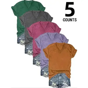 Women's solid color short sleeved V-neck T-shirt, summer clothing, summer casual simple T-shirt, 2025 summer women's clothing, back to school clothing, fashionable women's daily topRAIMENTRY