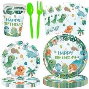 Dinosaur Party Supplies Set, Birthday Decoration Kit Watercolor Dinosaur Pattern Tableware Set Includes Disposable Plates Cups Napkins Fork Spoon, 16 People