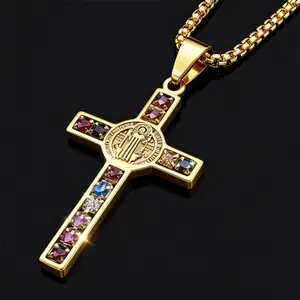 Saint Benedict Cross Necklace Catholic Crucifix Jewelry Stainless Steel Colored Zircon Chain Necklace Party Church Daily Fashion Gift For Men Women Unisex Trendy Faith Statement Accessories