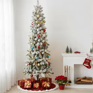 Pre-lit Pencil Christmas Tree, Green Artificial Spruce Slim Christmas Trees with 250 Incandescent Lights, 571 Branch Tips & Foldable Base for Home, Office, Party Decoration