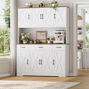 【2 packages shipping】HOSTACK 71" Tall Kitchen Pantry Storage Cabinet with Charging Station, Large Countertop, Farmhouse Food Pantry with 3 Storage Drawers