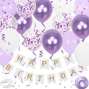 Happy Birthday Banner, Purple Birthday Decoration, 16 Pcs 12in Balloons with 2 Ribbons for Men Women Girls and Boys Party Decoration