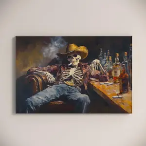 Wild West Remains: Oil Painting Poster of a Skeleton Cowboy in a Bar |   Western-style Poster |   Cowboy Artwork |   Road Trip Gift |   Southwestern-style Poster