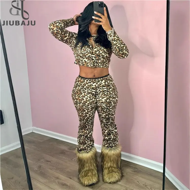 New(New)Spring Women's Leopard Print Two Piece Tracksuit Streetwear Outfits 2025 Long Sleeve Zip-up Crop Top+Matching Pants Set