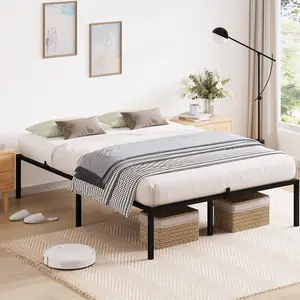 Steel Frame Providing Strong and Slip-Resistant Support,Heavy-Duty Steel Bar Platform Bed Frame,Quiet and Stable, No Bed Box Required,Large Storage Capacity, Easy Installation, Black Color