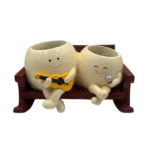 Creative Singing & Guitar Playing Double Rocking Chair Resin Planter Pot Decorative Pot, Cute Cartoon Succulent Pot for Home Office Decor, Home Decor Pots, Stylish Desk Accessory, Perfect Gift Idea, Enhance Your Workspace