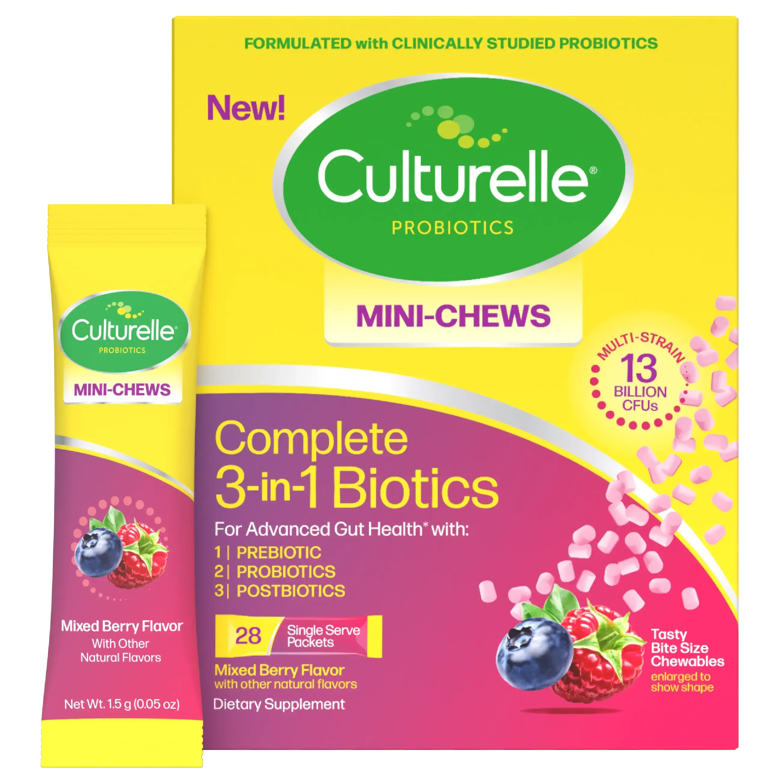 Culturelle Complete 3-in-1 Biotics Mini-Chews Packets - Prebiotic, Probiotic & Postbiotic Daily Supplement
