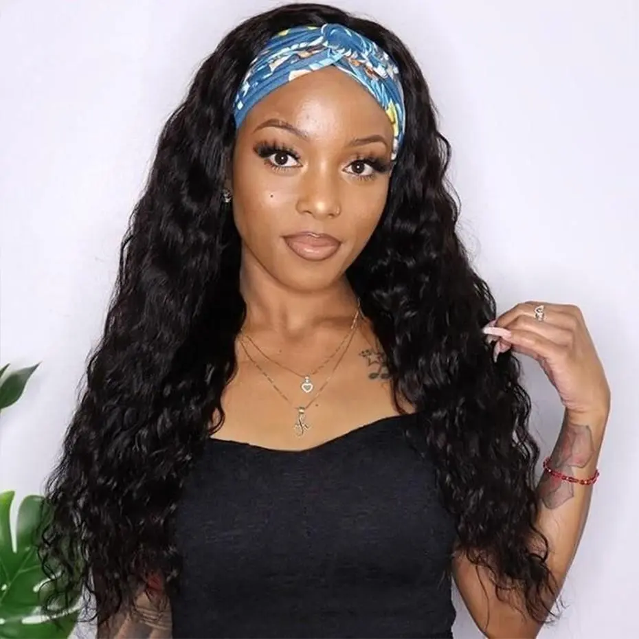 Headband Wig Deep Wave Human Hair Wigs 22 inch Glueless None Lace Front Wigs Machine Made Virgin Curly Human Hair Wigs for Black Women Deep Wave Headband Wig Human Hair Natural Color