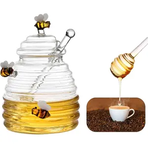 17oz Clear Glass Honey Container with Lid, Honey Dipper and Windproof Base – Kitchen Food Storage Preserving Container for Home Kitchen