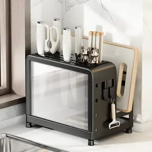 Kitchen Multi-Functional Storage Knife Rack, Wall-Mounted Utensil Cutting Board Holder with Chopstick Tube, Pot Lid Organizer Shelf, Kitchenware