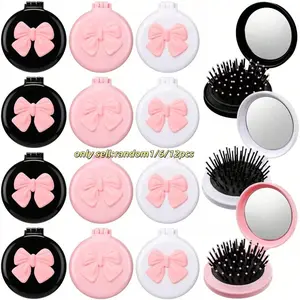Mini Cute Portable Folding Mirror Brush, Multi-Color Coquette Bow, Scalp Massager, Travel Gift, Valentine's Day, Family Use