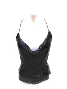 Small Size Metal Mesh Halter Top Sexy Shiny Party Nightclub Wedding Prom Tops for Women Fitted Womenswear Adjustable Backless Drawstring Straps