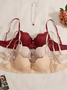 French Elegant Chic Lace Petal Cups Push-Up Steel Ring Gathered Women's Feminine Lingerie Three-Piece Set, Ditsy Floral Pattern, Max Support, Fit, Underwear