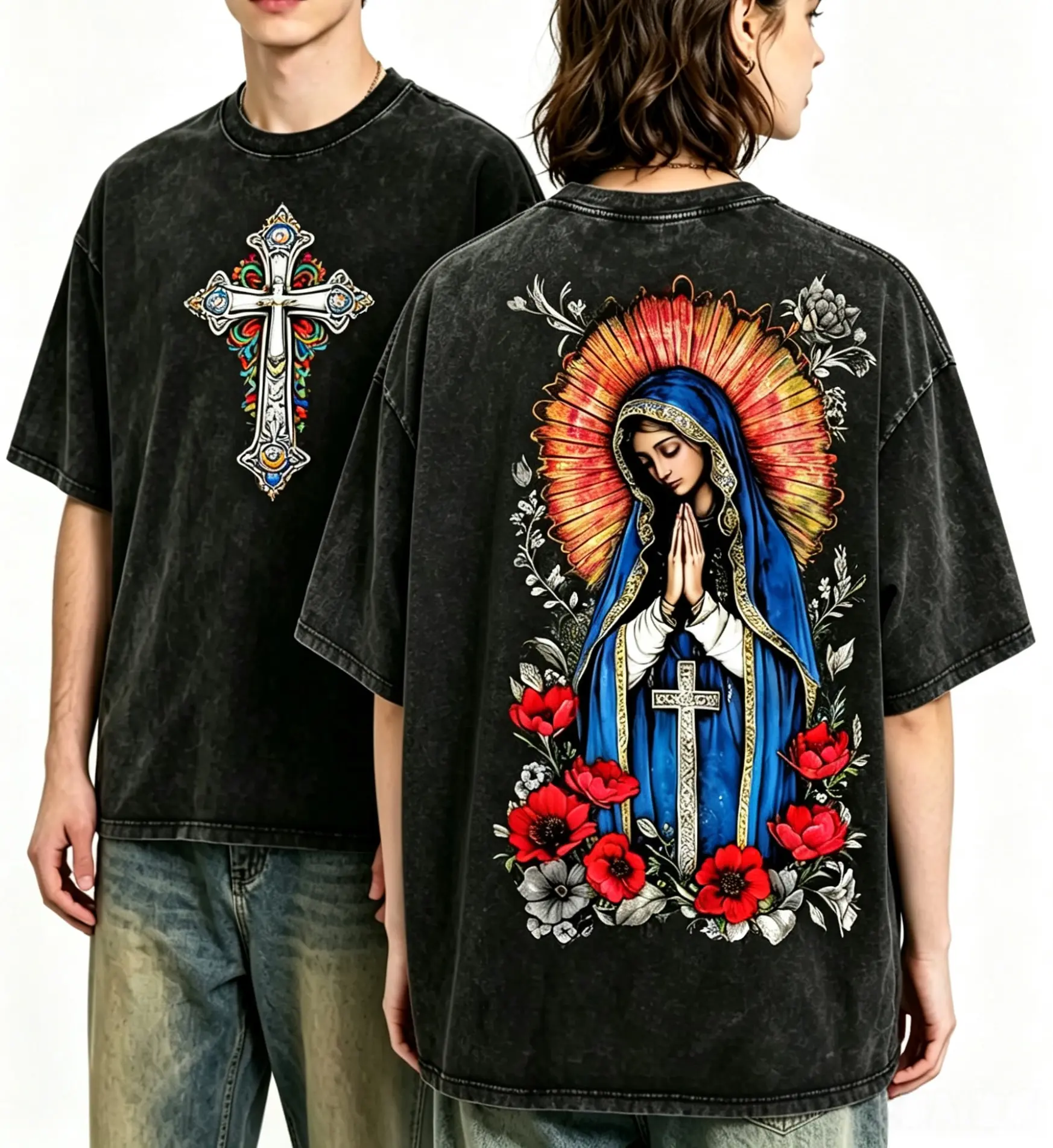 Tops for Women, Loose Gothic Classic Streetwear Tee with Virgin Mary Art Print, Soft and Breathable for Parties, Oversize, Easter