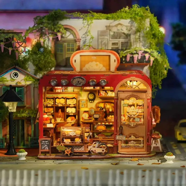 TONECHEER 3D Puzzle DIY Miniature House Set - Whimsical Toast Bakery Manual Craft Kit with Mini Furniture, Safe Plastic, Warm LED Glow, Learning Toy for Hobbies Enthusiasts, Unique Gift