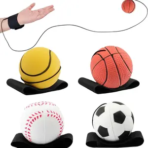 4Pack 2.36 Inch Wrist Return Balls Wristband Ball Rubber Rebound Bouncy Sport Ball Soft Ball (Basketball, Baseball, Soccer,Tennis) on Elastic String Wrist Exercise or Play,Gift Toy for Kids Teens Adults