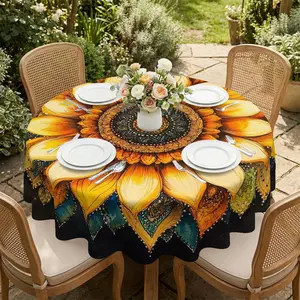 Sunflower Mandala Pattern Printed Round Tablecloth, Rural Vitality Style, Suitable for All Seasons, Reusable Round Tablecloth, Suitable for Living Room, Dining Room, Balcony, Outdoor Patio Scenes