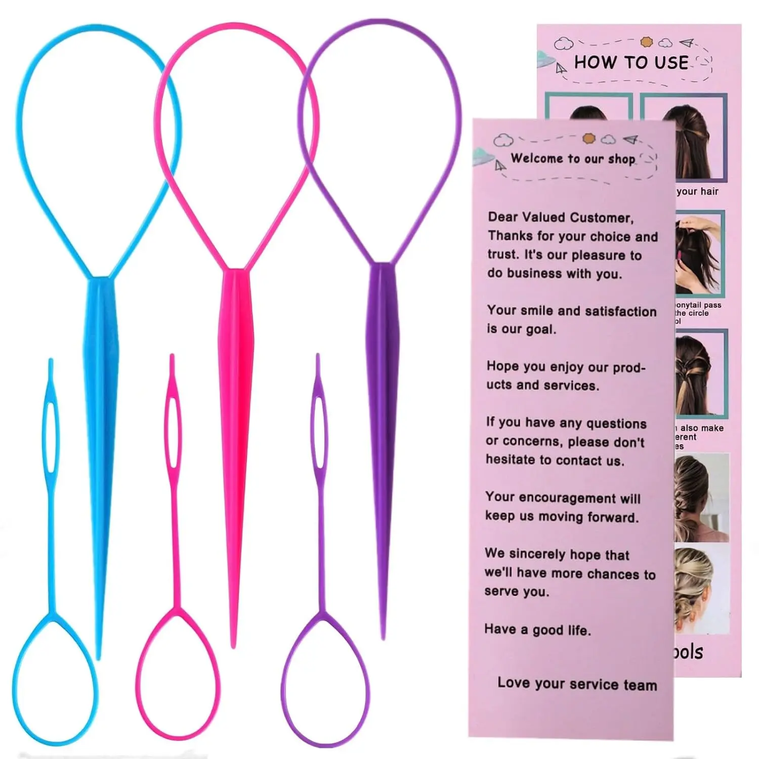Women's 6-Piece Adjustable Hair Styling Multi-Pack - Topsy Tail, Hair Loop, Detangling & Braiding Band Accessories, Lightweight 2024 TikTok Viral Heatless Tools for Ponytail/French Braid (Pink, Blue, Purple), Braiding Band Hair Styling Accessories