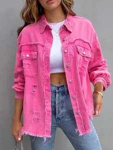 Women's Plain Ripped Raw Hem Button Front Drop Shoulder Coat, Casual Chic Pocket Long Sleeve Collared Outerwear for Daily Wear, Everyday Jackets