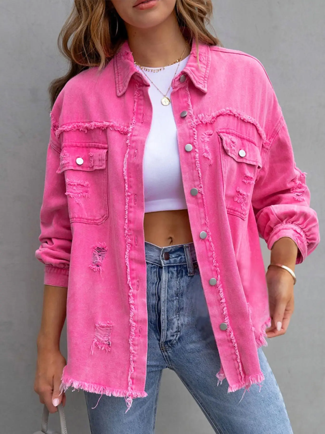 Women's Plain Ripped Raw Hem Button Front Drop Shoulder Coat, Casual Chic Pocket Long Sleeve Collared Outerwear for Daily Wear, Jackets