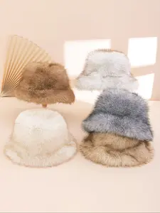 Fashionable Solid Color Faux Fur Trim Fisherman Hat, Thickened Warm Winter Cap, Flat Top Bucket Hat for Outdoor Use