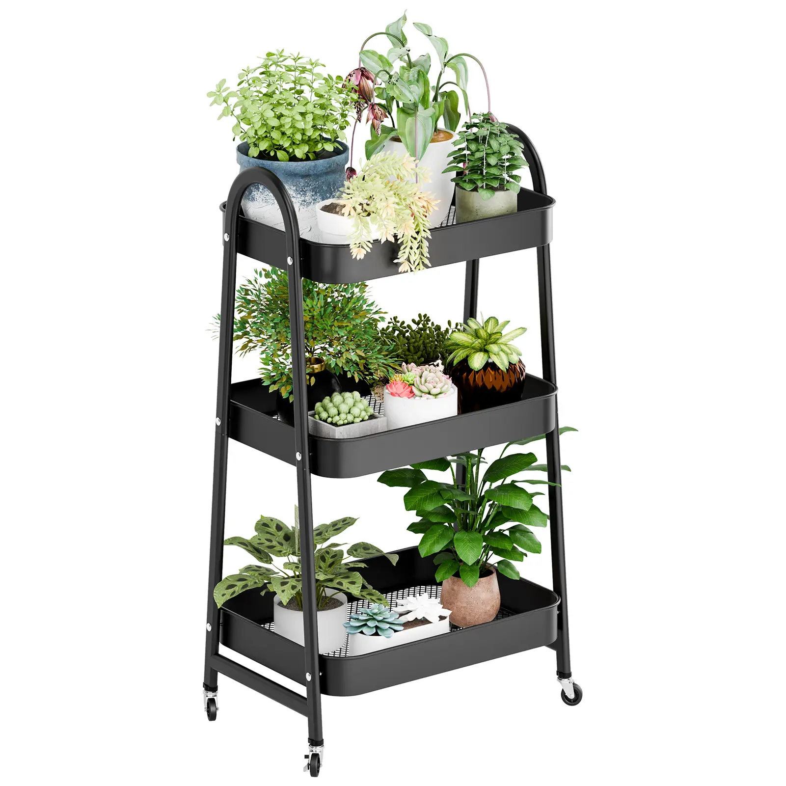 Modern 3-Tier Stackable Waterproof Hollow Mesh Carbon Steel A-Line Fruit Vegetable Storage Cart with Swivel Casters, Kitchen Pantry Storage Rack Organizer Basket Bins